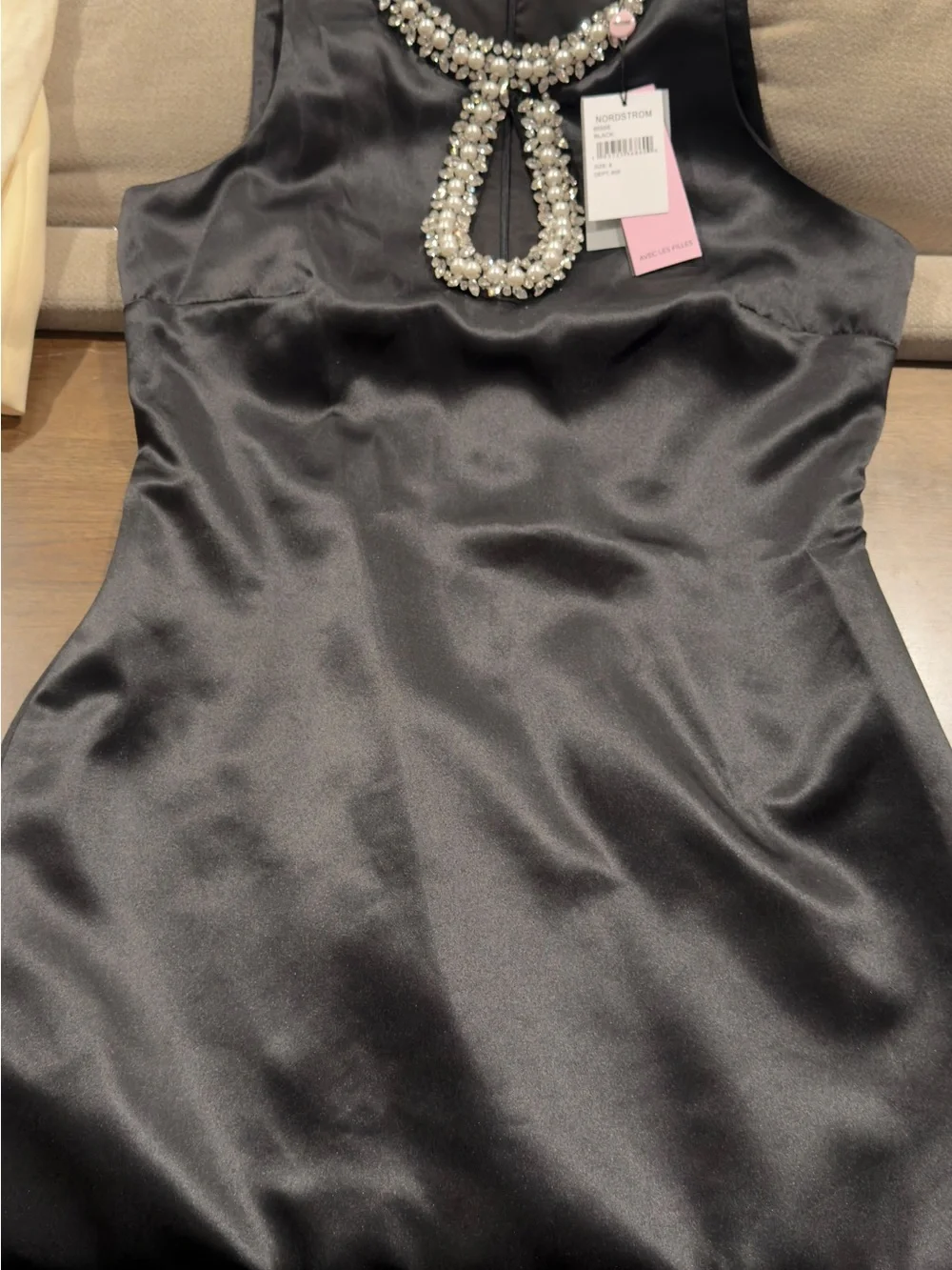 Avec Les Filles Black Mini Dress with Beaded Trim